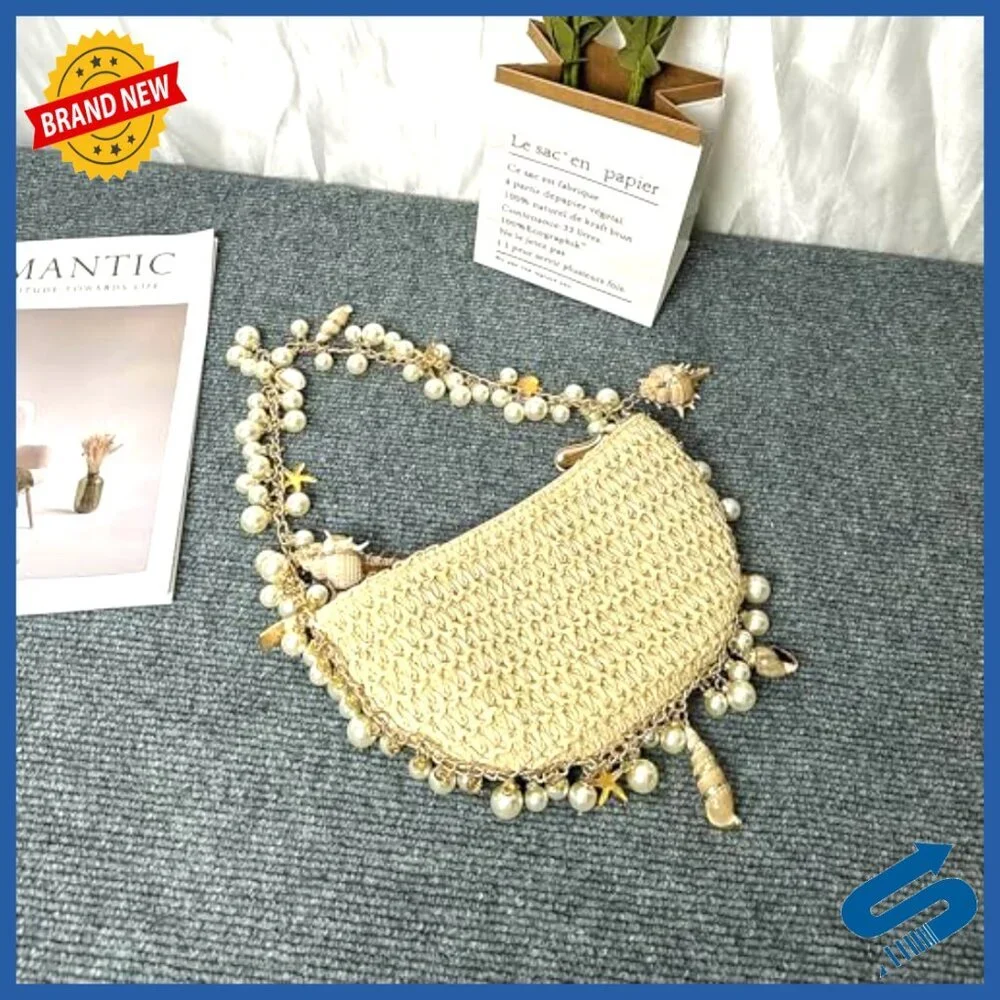 Handmade Straw Tote Bag Bohemian Beach Purse with Shell Pearl Embellishments